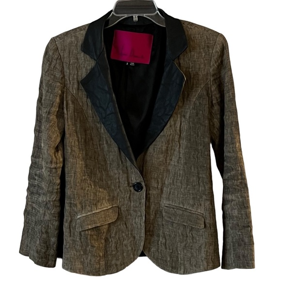 Heidi Merrick Blazer Notched Leather Lapel Elbow Patched Single Button Front 2 - Picture 2 of 10